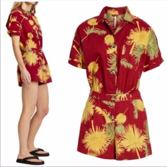 FREE PEOPLE Red Floral Malibu Shorts Romper Short Sleeve - NWT - Picture 2 of 4